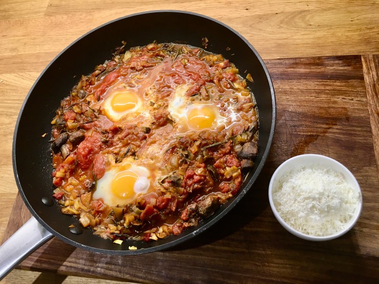 Shakshuka - vegetarian breakfast, lunch or dinner made from store cupboard ingredients; easy 'lockdown' recipe!